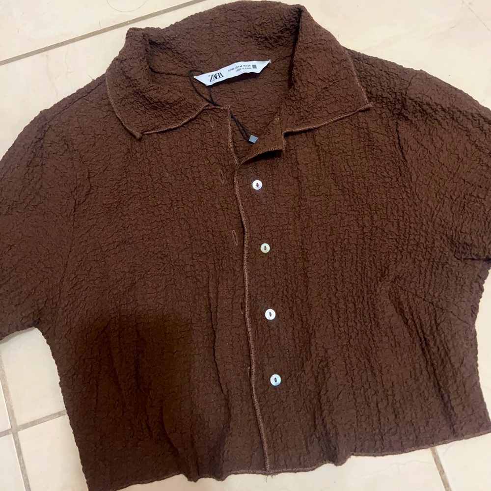 Zara Chocolate Crinkle Button-Up Shirt